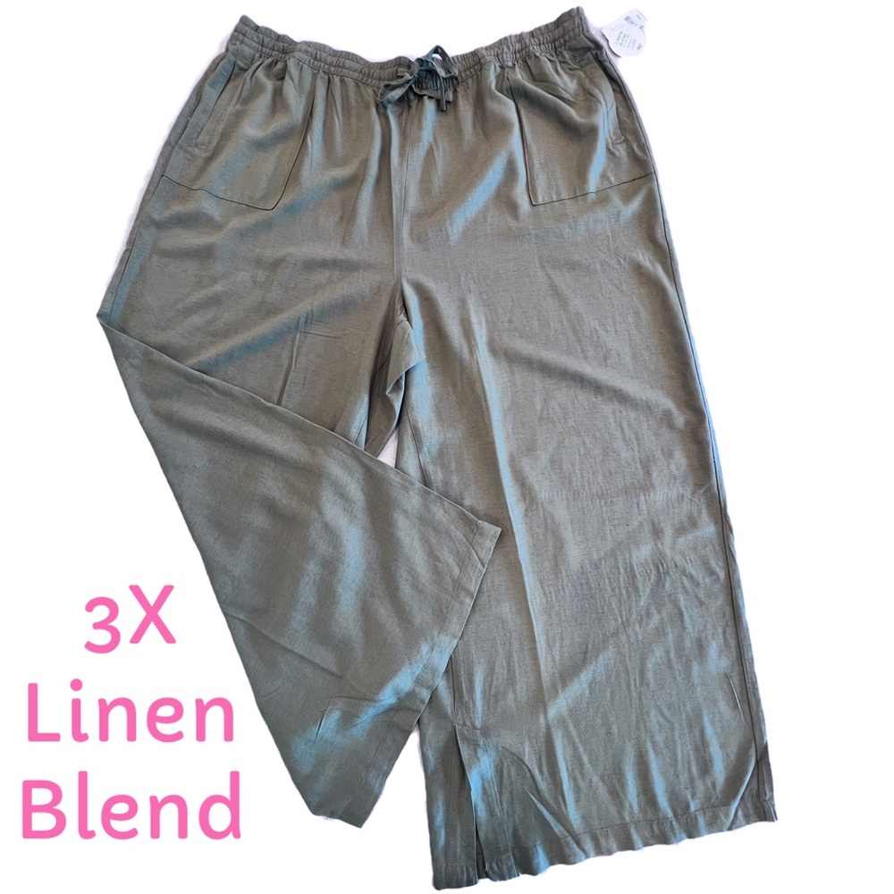 Linen Blend Pants Olive tone Pockets Drawstring Wide Leg Elastic waist 3X